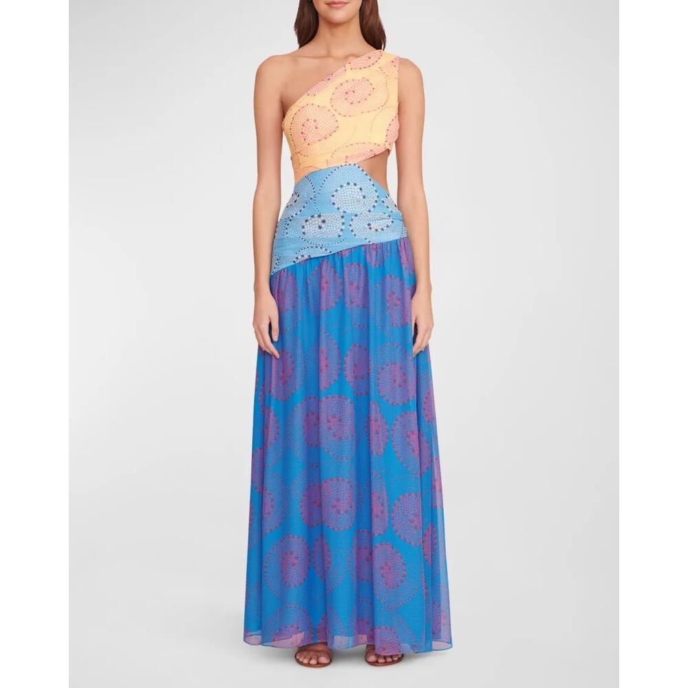STAUD One-Shoulder Colorblock Midi Dress in Yellow, Light Blue, and Blue-Purple